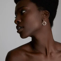 BELL 18K DIAMOND, AND ROCK CRYSTAL HEXAGON DROP EARRINGS