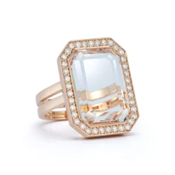 BELL 18K GOLD AND DIAMOND RECTANGULAR ROCK CRYSTAL RING