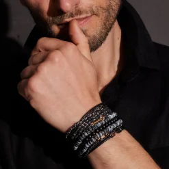 GARNETT STERLING SILVER, BLACK RHODIUM AND LAVA BEAD BRACELET