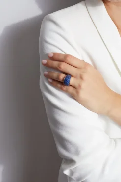 LYTTON 18K GOLD ALL PAVE BLUE SAPPHIRE BOMBE RING