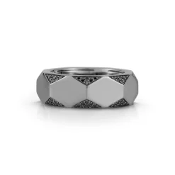 QUENTIN 18K BLACK GOLD AND BLACK DIAMOND FACETED HEXAGON PATTERN BAND RING