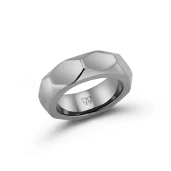 QUENTIN STERLING SILVER AND BLACK RHODIUM FACETED HEXAGON BAND RING