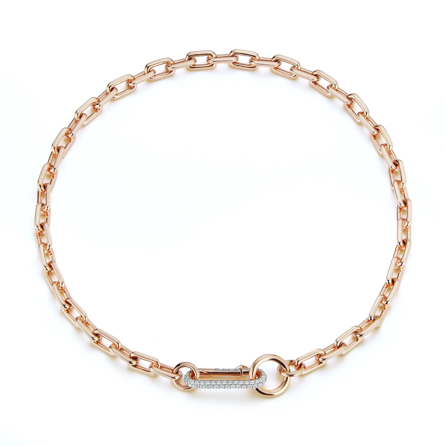 SAXON 18K GOLD CHAIN LINK NECKLACE WITH ELONGATED DIAMOND LINK CLASP