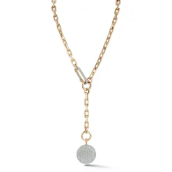 SAXON 18K GOLD CHAIN LINK NECKLACE WITH ELONGATED DIAMOND LINK CLASP AND REMOVABLE EXTENSION CHAIN