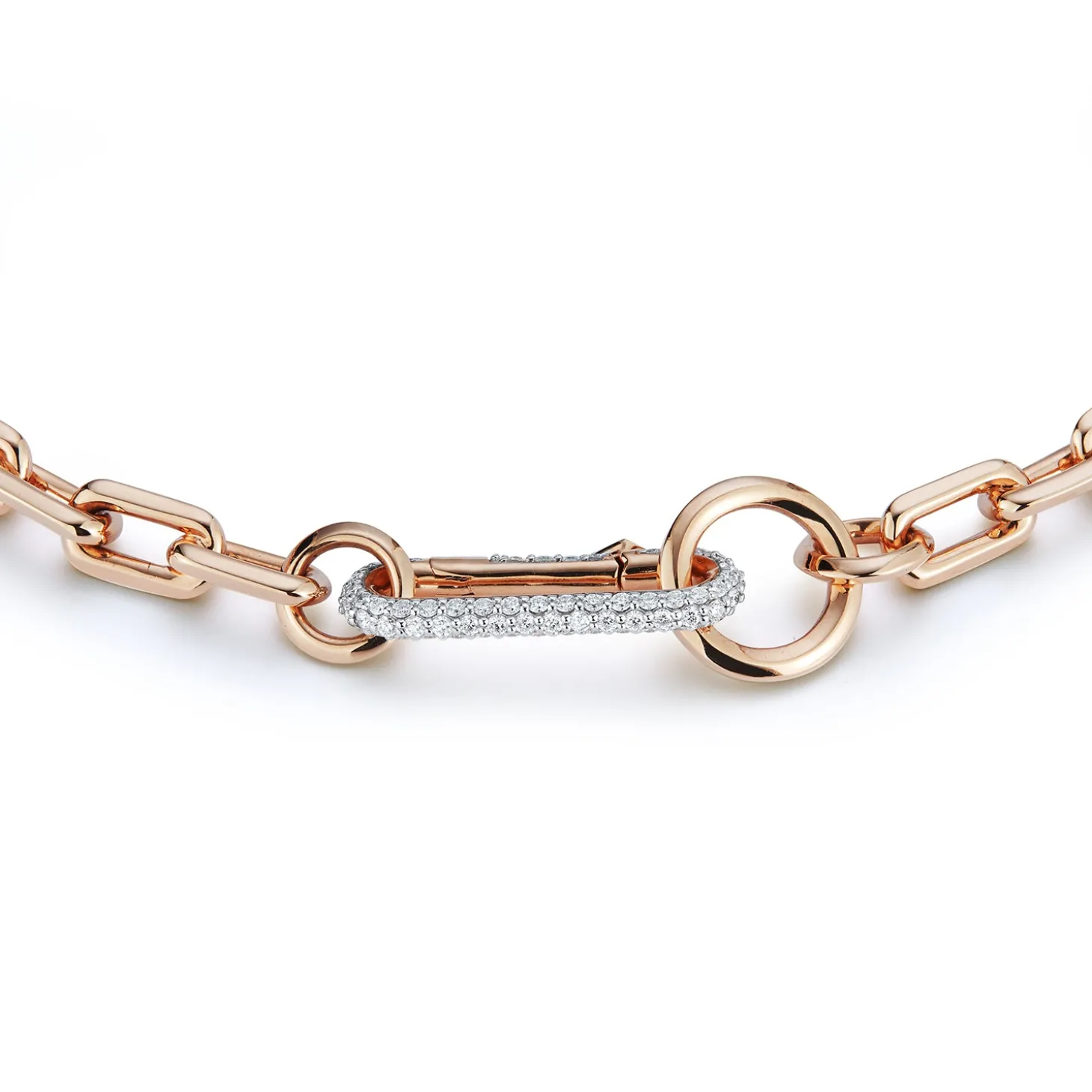 SAXON 18K GOLD CHAIN LINK NECKLACE WITH ELONGATED DIAMOND LINK CLASP