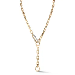 SAXON 18K GOLD CHAIN LINK NECKLACE WITH ELONGATED DIAMOND LINK CLASP AND REMOVABLE EXTENSION CHAIN