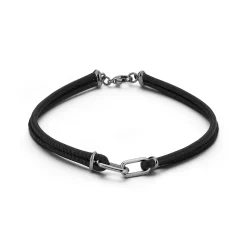 SAXON STERLING SILVER AND BLACK RHODIUM DOUBLE LINK NAPA LEATHER BRACELET